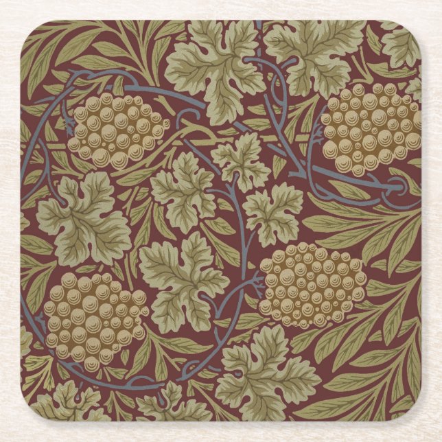 William Morris Vine Grape Red Green Art Square Paper Coaster (Front)