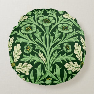William Morris Vintage Acorn Oak Green Pattern Round Pillow