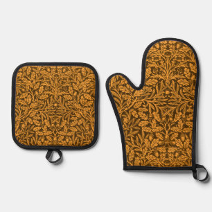 William Morris Vintage Autumn Gold Oak Pattern Oven Mitt & Pot Holder Set
