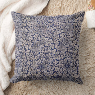 William Morris Vintage Bird and Anemone Dark Blue Throw Pillow