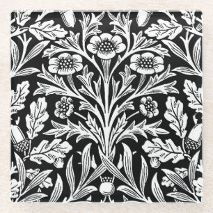 William Morris Vintage Black White Oak Pattern Glass Coaster