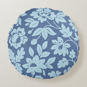 William Morris, vintage blue blossoms, Round Pillow