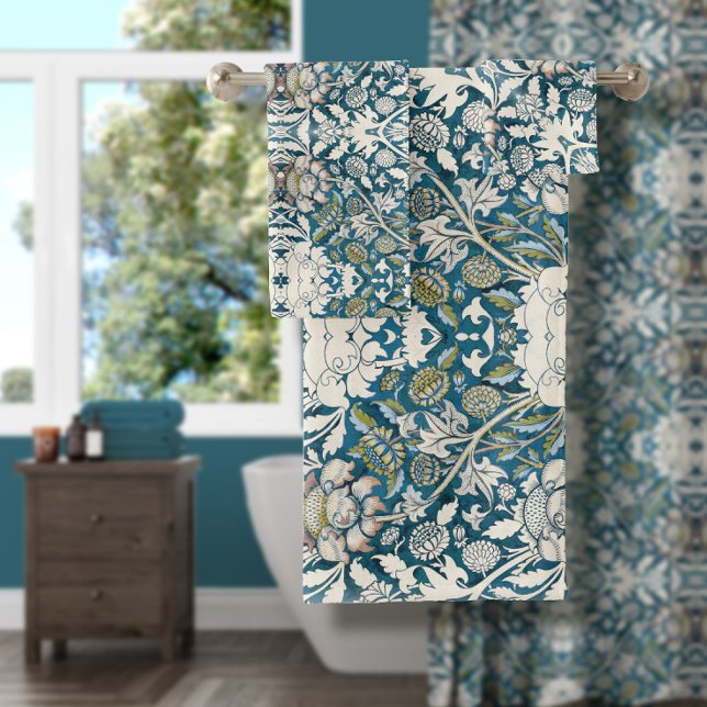 William Morris Vintage Blue Floral Collage Art Bat Bath Towel Set (Creator Uploaded)