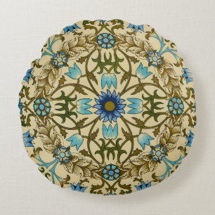 William Morris Vintage Blue Vine Seamless Pattern Round Pillow