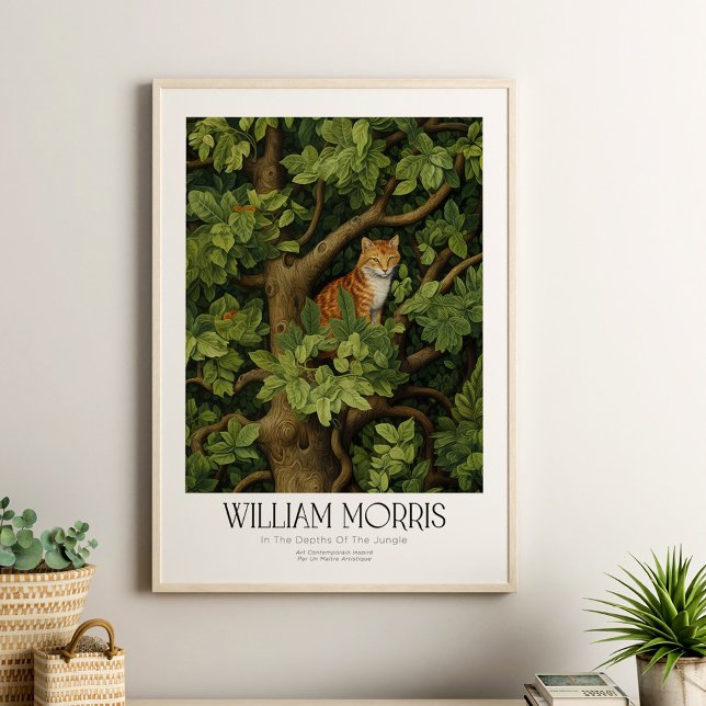 William Morris Vintage Cat in the Jungle Poster (William Morris Vintage Cat in the Jungle Poster in a neutral boho living room in a wooden frame.)
