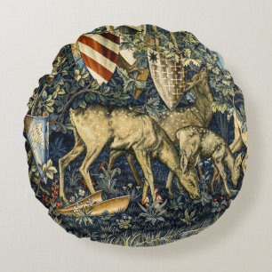 William Morris Vintage Deer & Shields Tapestry Art Round Pillow