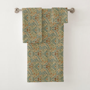 William Morris Vintage Floral Red Autumn Flowers Bath Towel Set
