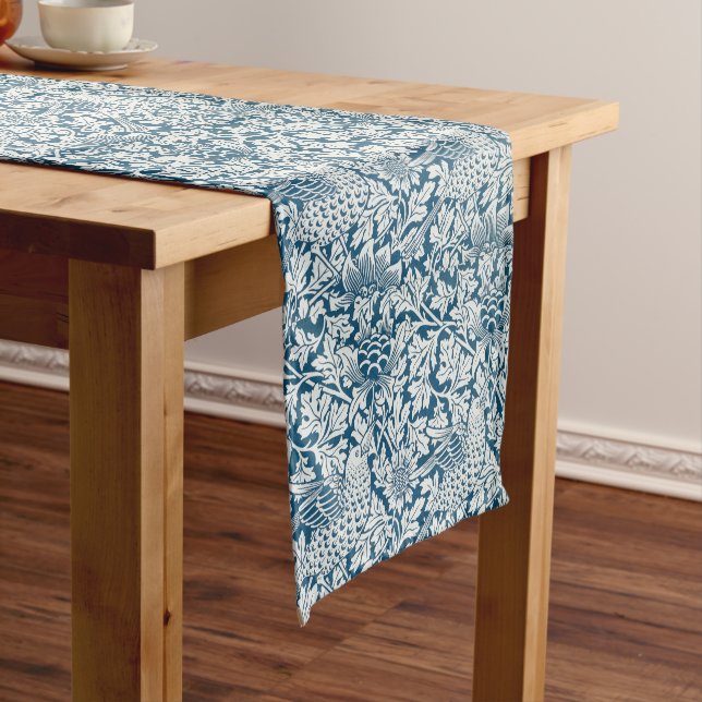William Morris Vintage Flowers Birds Blue White Short Table Runner (In Situ)