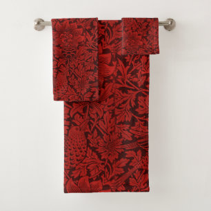 William Morris Vintage Flowers Birds Red           Bath Towel Set