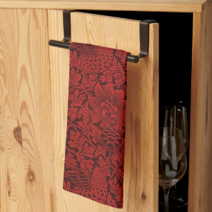 William Morris Vintage Flowers Birds Red           Kitchen Towel