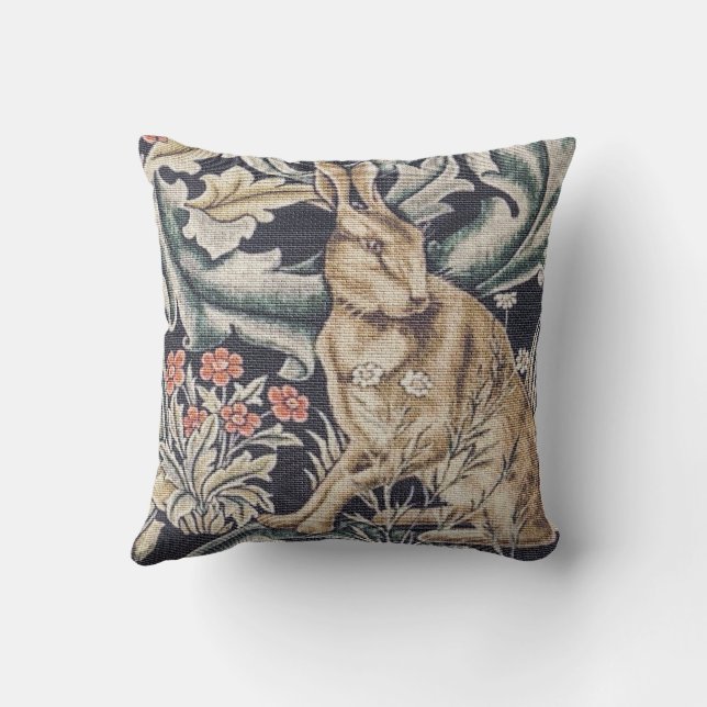 William Morris Vintage Forest Rabbit Floral Throw Pillow (Back)