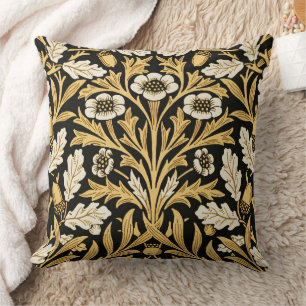 William Morris Vintage Gold Black Oak Pattern Throw Pillow
