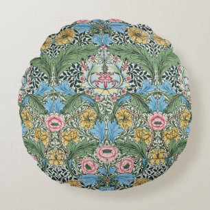 William Morris Vintage Myrtle Flowers Yellow Blue  Round Pillow