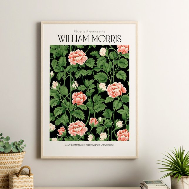 William Morris Vintage Pink Wildflowers Poster (William Morris Vintage Pink Wildflowers Poster in a boho neutral living room with house plants.)