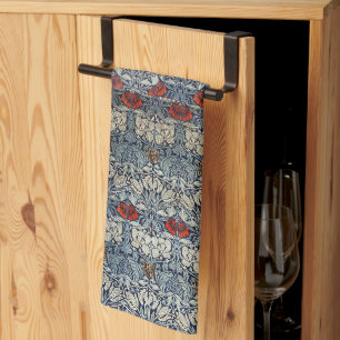 William Morris Vintage Red Floral Tulip and Rose Kitchen Towel