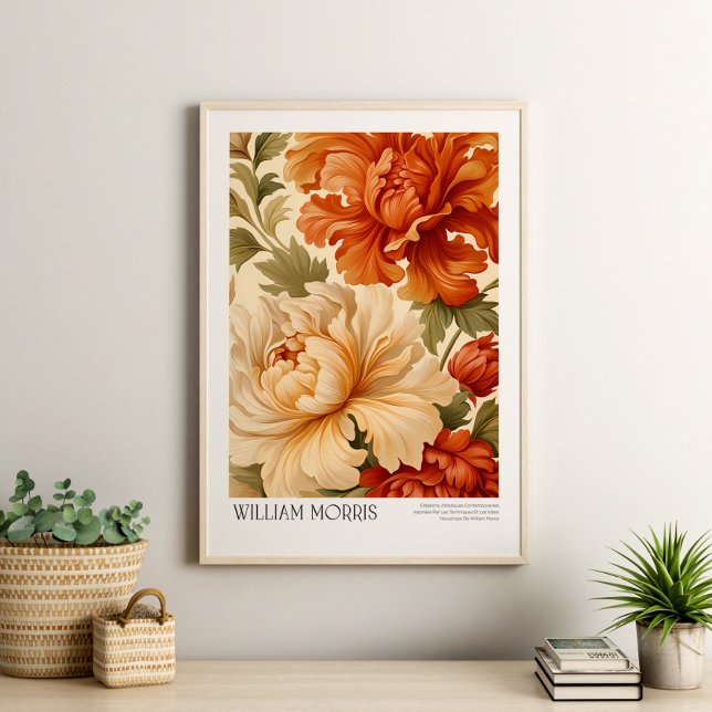 William Morris Vintage Terracotta Sage Peonies Poster (William Morris Vintage Terracotta Sage Peonies Poster in a neutrl boho living room)