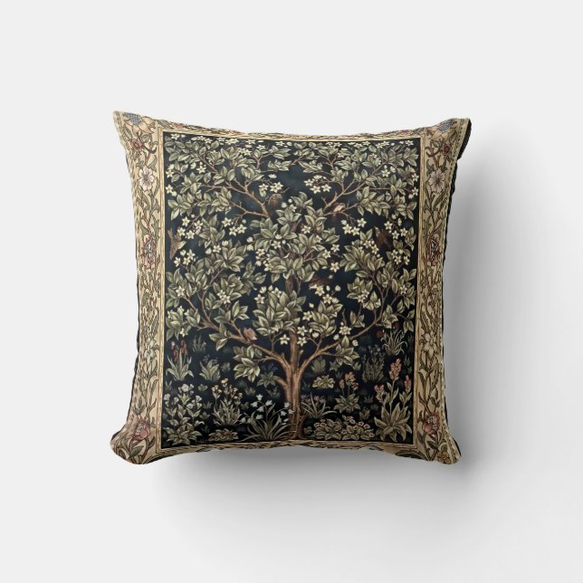 William Morris Vintage Tree & Birds. Throw Pillow (Front)
