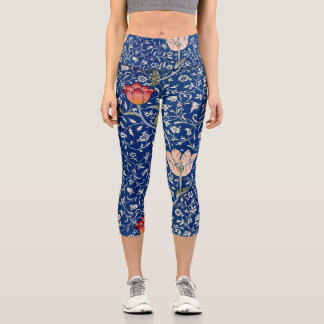 William Morris Vintage Tulip Floral Indigo Pattern Capri Leggings