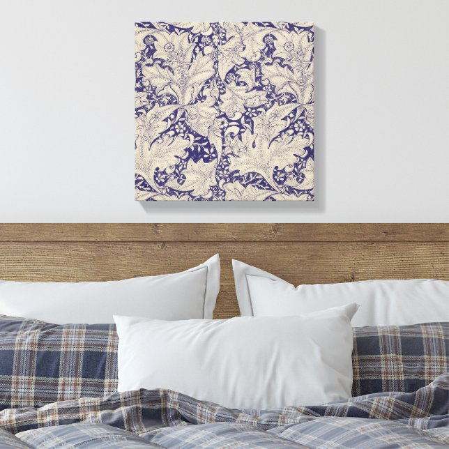 William Morris Wallflower floral blue damask  Canvas Print (Insitu(Bedroom))