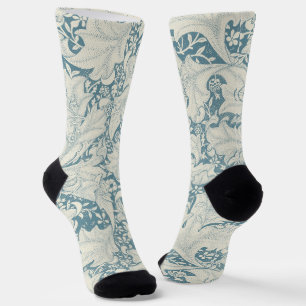 William Morris Wallflower floral blue damask  Socks