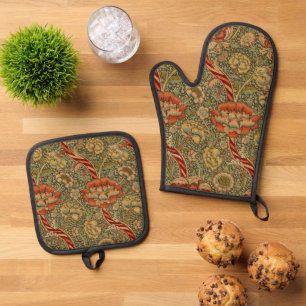 William Morris Wandle English Floral Damask Design Oven Mitt & Pot Holder Set