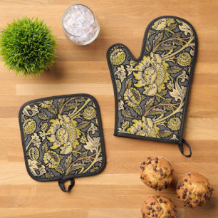 William Morris Wey Floral Arts Crafts Wallpaper Oven Mitt & Pot Holder Set