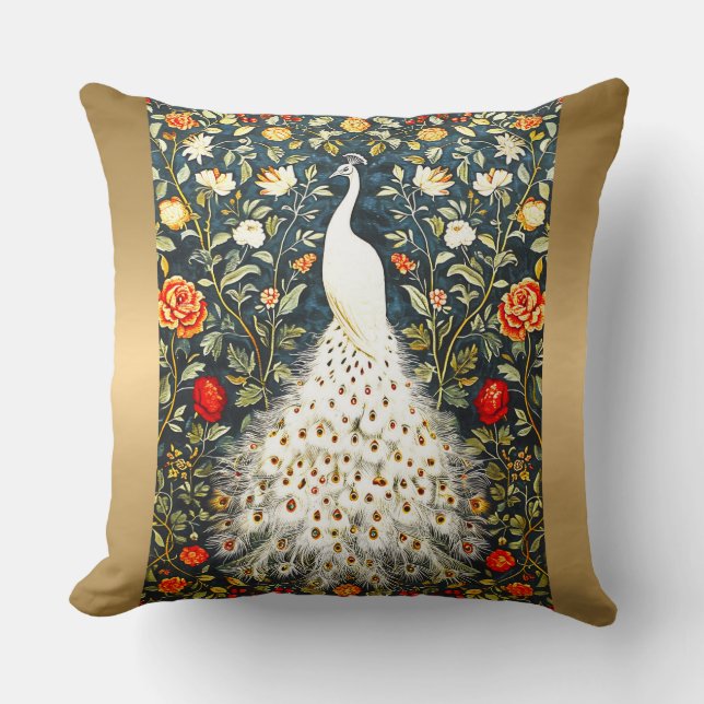 William Morris White Peacock Art Deco Gold Silver Throw Pillow (Front)