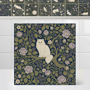 William Morris White Persian Cat Branch Bower Tile