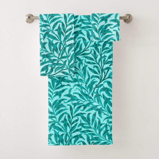 William Morris Willow Bough, Turquoise and Aqua Bath Towel Set (Insitu)