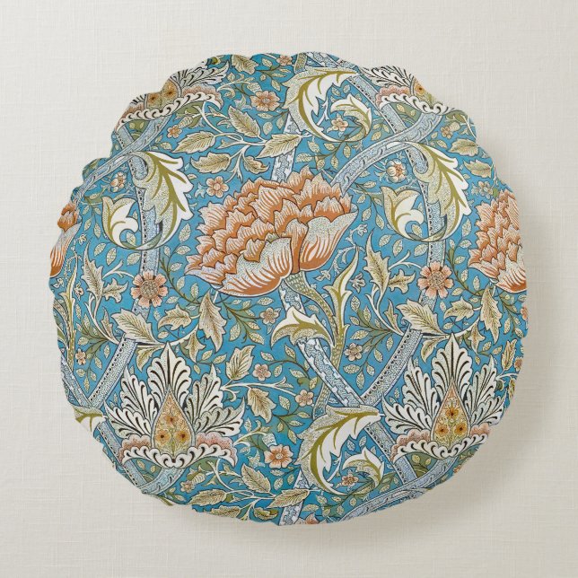 William Morris Windrush Floral Pattern Blue Round Pillow (Front)