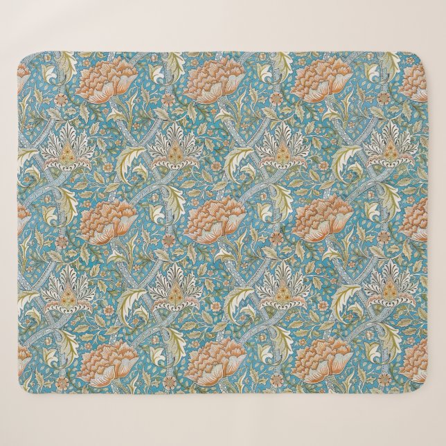 William Morris Windrush Floral Pattern Blue Sherpa Blanket (Front (Horizontal))