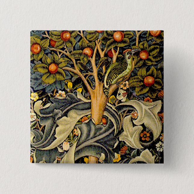 William Morris Woodpecker Tapestry Arts & Crafts  2 Inch Square Button (Front)