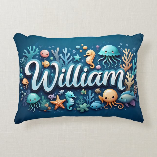 William Name Ocean Theme Decorative Sea Life Accent Pillow (Front)