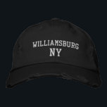 WILLIAMSBURG NY on Black Vintage Style Embroidered Hat<br><div class="desc">WILLIAMSBURG NY embroidery on Black distressed vintage style cotton hat. Embroidery is customizable to other colour choices by selecting the "Edit Design" tool button. Also available is the option to select choice of hat colour on the main item page.</div>