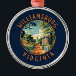 Williamsburg Virginia Retro Distressed Circle Metal Ornament<br><div class="desc">Williamsburg retro vector travel design. Williamsburg,  a city in the U.S. state of Virginia,  was capital of the Virginia Colony from 1699 to 1780 and played a significant role in the American Revolution.</div>