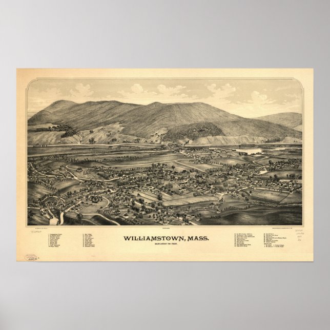 Williamstown Mass. 1889 Antique Panoramic Map Poster (Front)