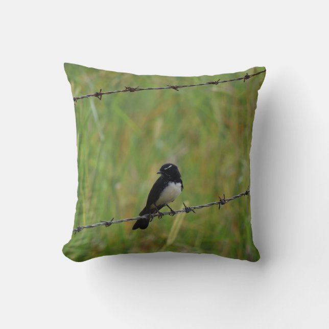 WILLIE WAGTAIL ON BARB WIRE FENCE AUSTRALIA THROW PILLOW (Front)