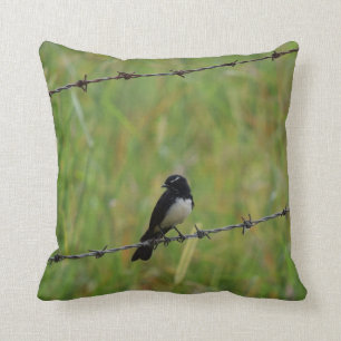 WILLIE WAGTAIL ON BARB WIRE FENCE AUSTRALIA THROW PILLOW