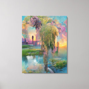 Willow and wisteria by the pond at sunset Canvas Print