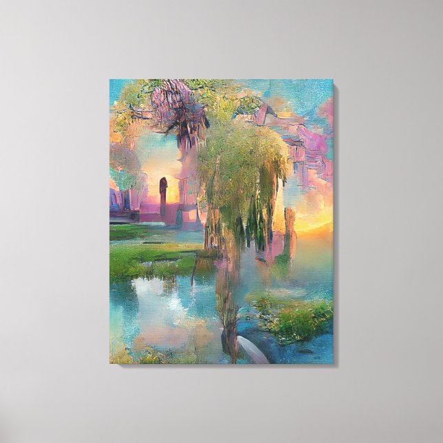 Willow and wisteria by the pond at sunset Canvas Print (Front)