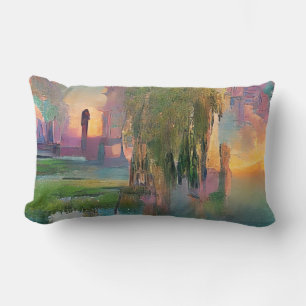  Willow and wisteria by the pond at sunset Lumbar Pillow