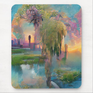  Willow and wisteria by the pond at sunset  Mouse Pad