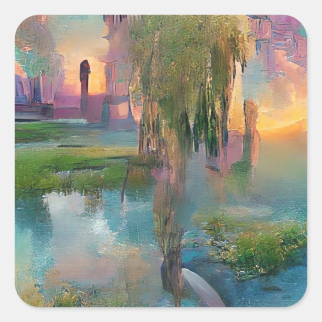  Willow and wisteria by the pond at sunset   Square Sticker (Front)