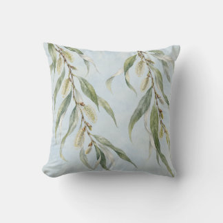Willow Branches Mist Blue Botanical Watercolor Throw Pillow