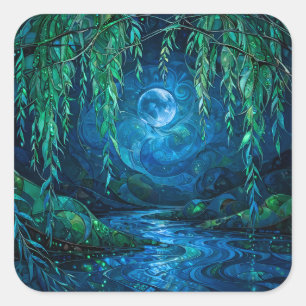 Willow Moon Saille Flowing River Green Blue Night Square Sticker