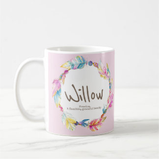 Willow name meaning feather bead watercolor pink coffee mug
