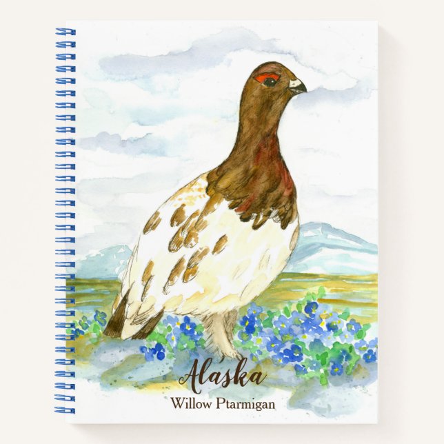 Willow Ptarmigan Alaska State Bird Blue Watercolor Notebook (Front)