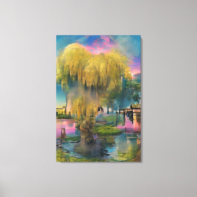 Willow tree at sunset by the pond   canvas print (Front)