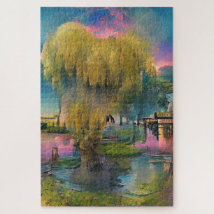 Willow tree at sunset by the pond jigsaw puzzle