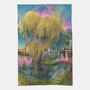 Willow tree at sunset by the pond kitchen towel